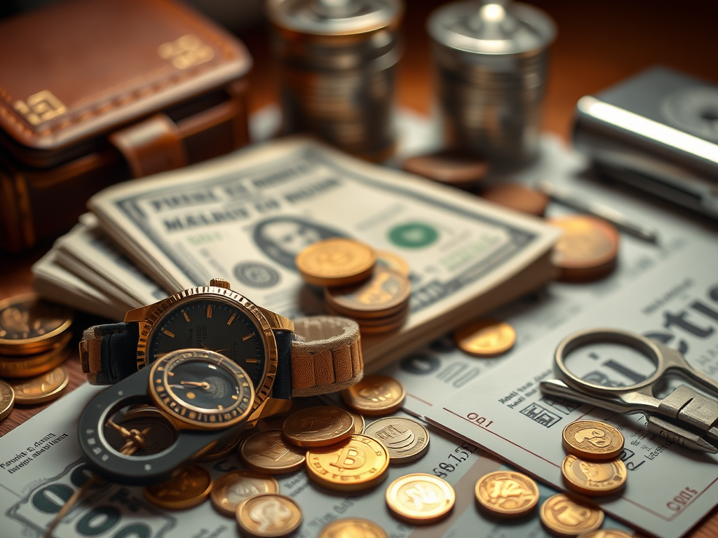 A collection of coins, banknotes, and a luxury watch arranged on a table, with additional financial items like a pair of scissors and a box.