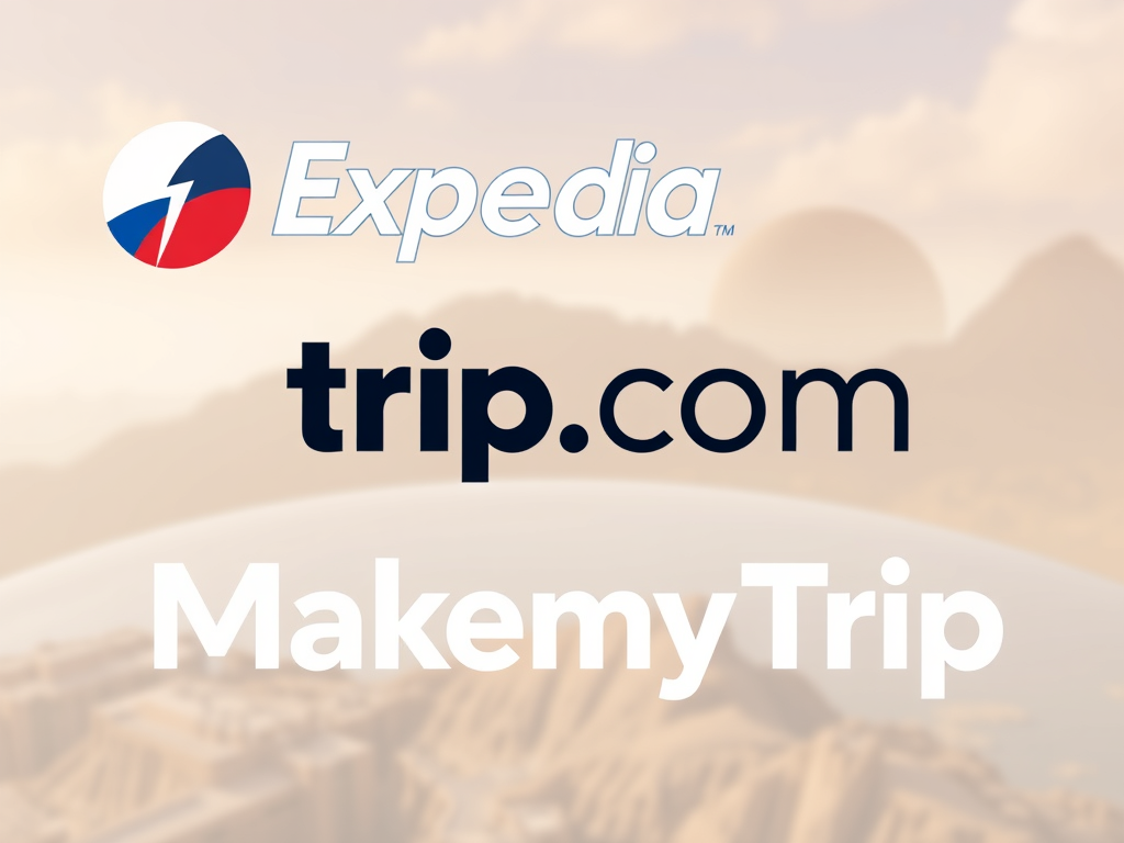 Logos of travel companies Expedia, trip.com, and MakemyTrip against a scenic background.