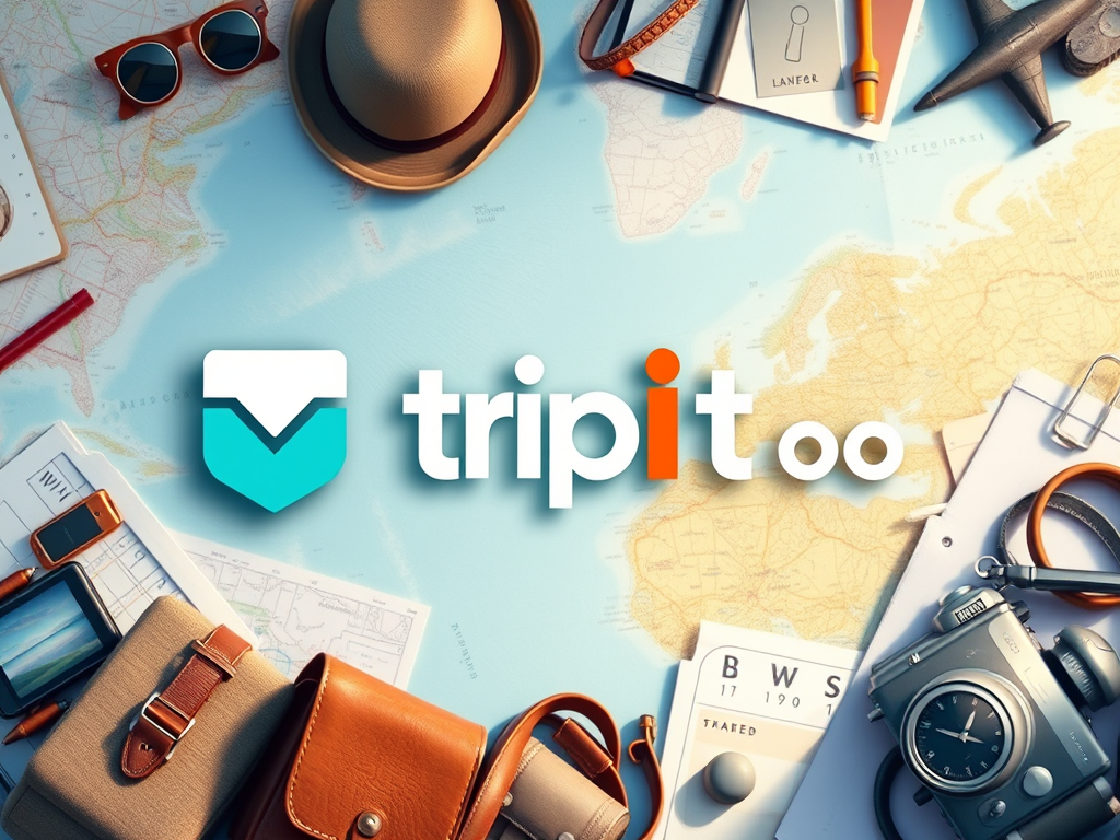 A flat lay image featuring a travel theme, including a map, sunglasses, a hat, a camera, a notebook, and various travel accessories, with the logo of TripIt prominently displayed.