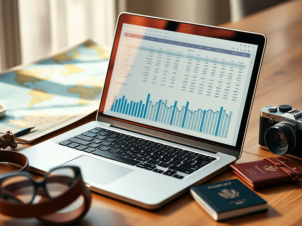 A laptop displaying data analytics charts, with a world map, a camera, sunglasses, and passports surrounding it on a wooden desk.
