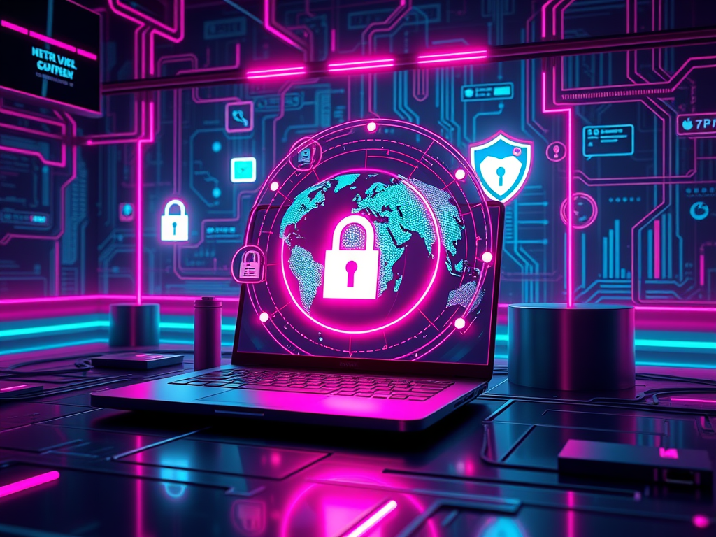 A digital workspace featuring a laptop with a glowing map and a padlock symbol, surrounded by vibrant pink and blue circuitry and security icons.