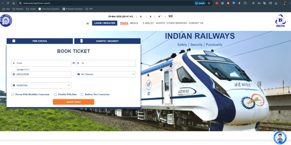 Screenshot of the Indian Railways website homepage featuring a train, a ticket booking form, and options for PNR status and charts/vacancy.