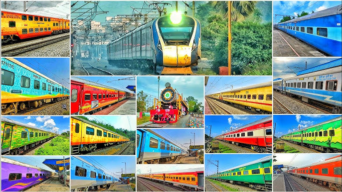 A collage of various trains showcasing different colors and styles, including modern and traditional locomotives on railway tracks.